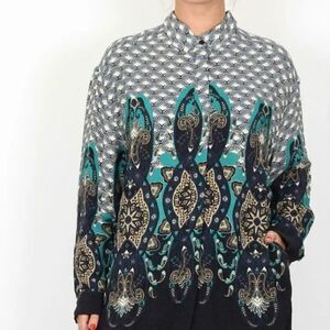 Masai - Inessa button down Blue Multi Fan print blouse, size M